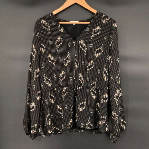 Pleione Tops - Pleione Womens Long Sleeve Floral Polka Dot Blouse L Black Office Professional